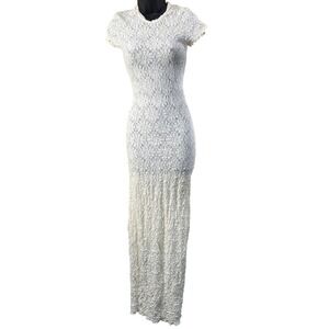 Lace Maxi Dress Ivory Sheer Overlay Crochet Floral Boho Festival Beach Bridal XS